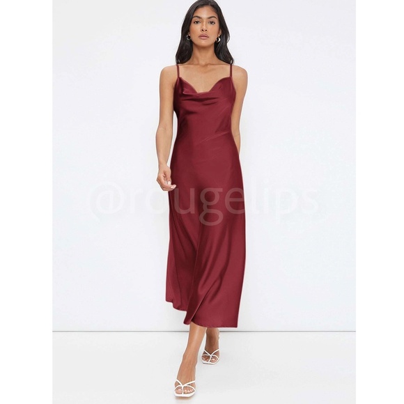 Burgundy Satin Cami Dress Midi Adjustable Spaghetti Straps - Picture 2 of 8